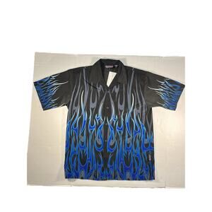 Vintage Sapphire Lounge Blue Flames Button Shirt Y2K Hipster Punk Skater Large